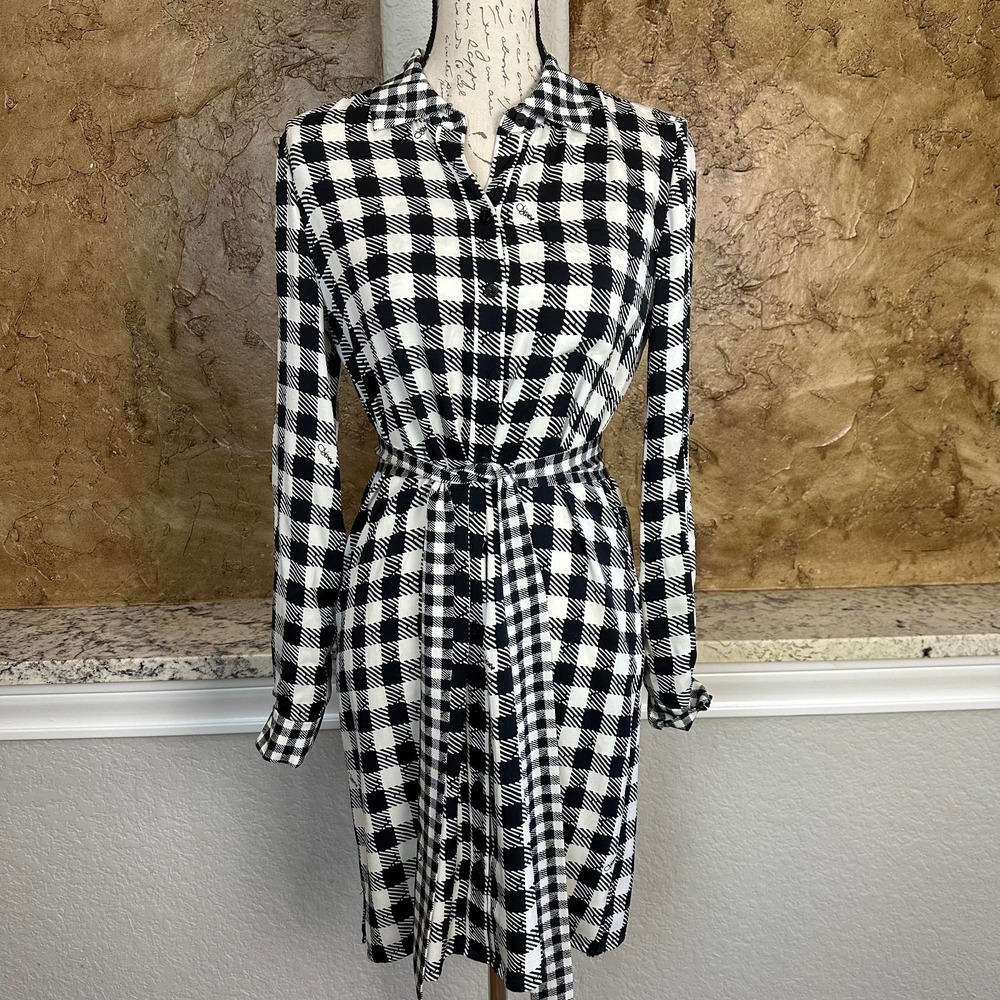 Diane Von Furstenberg Prita Shirt Dress Sz 2 Silk Spandex Check Black White Belt